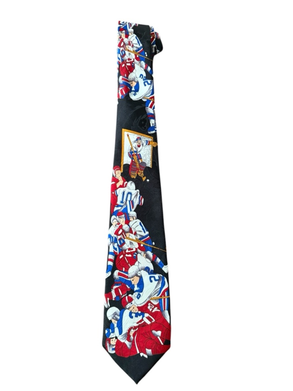 Vintage Museo Hockey Player Pattern Men’s Tie 59” Black Red White Blue Gorpcore